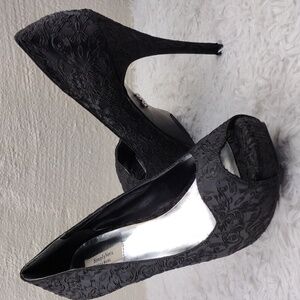 SimplyVera Vera Wang Black Fabric Square Peep Toe Slip-On Platform Stiletto Heel